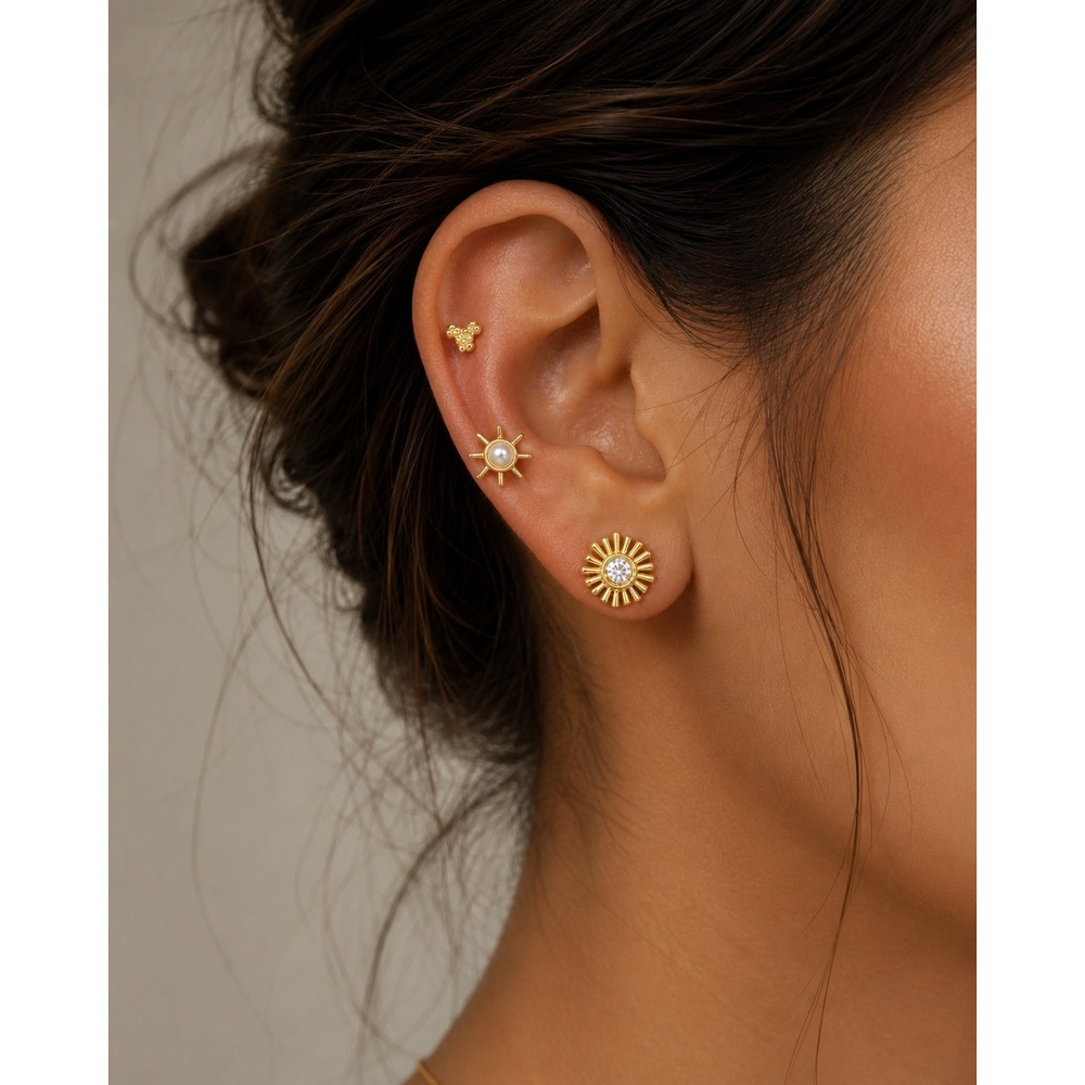 Area Stars 14K Gold Plated Brass Sun Starburst Stud Earring Set 3 Pairs New